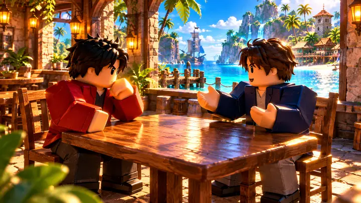 Dois avatares Roblox, um de jaqueta vermelha com a mão perto do queixo e outro de jaqueta azul-marinho gesticulando, conversam diante de uma mesa vazia em um café com vista para o mar tropical e um146