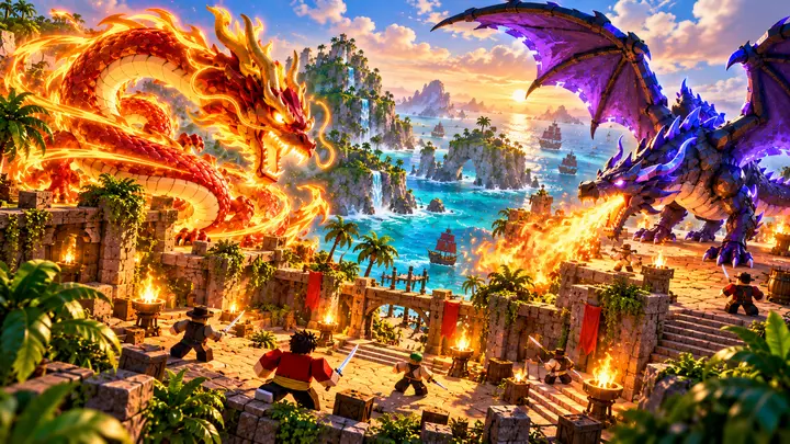 Um dragão oriental alaranjado envolto em magia e um dragão ocidental azul e roxo soltando fogo ocupam terraços de pedra com avatares Roblox, diante de um oceano tropical ao pôr do sol.
