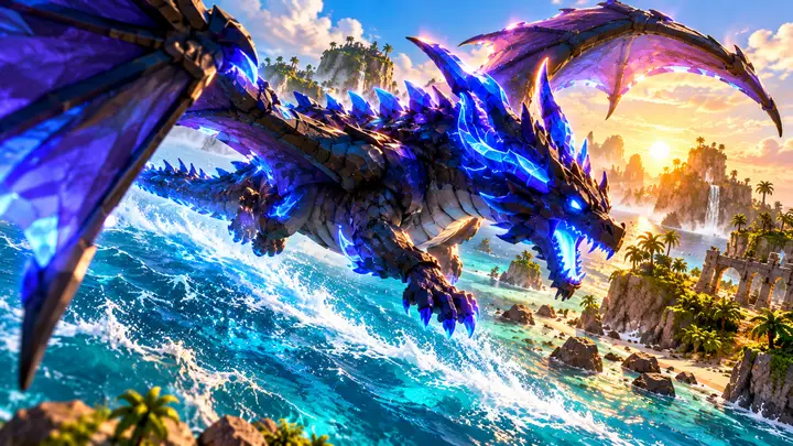 Dragão musculoso com asas membranosas e brilhos azuis faz uma curva rente ao oceano turquesa, entre ilhas tropicais e ruínas de pedra ao pôr do sol.