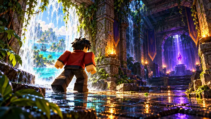 Avatar Roblox de cabelo preto e jaqueta vermelha entra em um templo atrás de uma cachoeira, com um cristal roxo luminoso no interior e ilhas tropicais ao fundo.