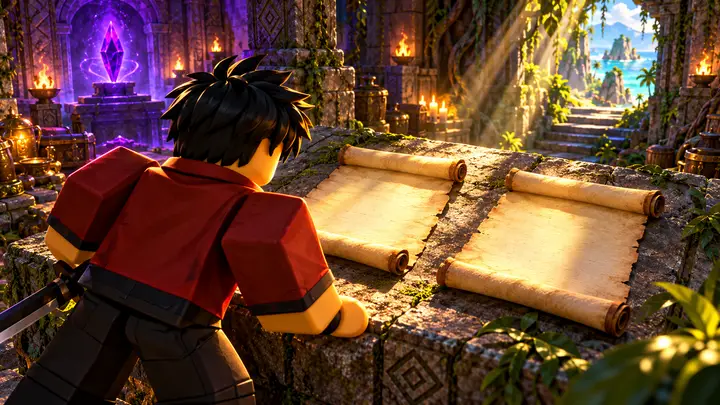 Avatar Roblox de cabelo preto e jaqueta vermelha observa dois pergaminhos em branco sobre uma mesa de pedra numa cripta com cristal violeta e vista para ilhas tropicais.