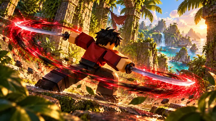 Avatar Roblox de cabelo preto e jaqueta vermelha empunha duas espadas envoltas em energia vermelha e negra entre ruínas tropicais, com mar azul e uma cachoeira ao fundo.