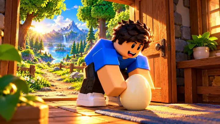 Avatar Roblox de cabelo escuro e camiseta azul coloca um ovo creme no chão junto à porta aberta de uma casa, com floresta, lago e montanhas ao fundo.