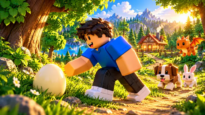 Avatar Roblox de camiseta azul se inclina em direção a um ovo creme junto à trilha da floresta, com cachorro, coelho e dragão alaranjado próximos e uma casa, lago e montanhas ao fundo.