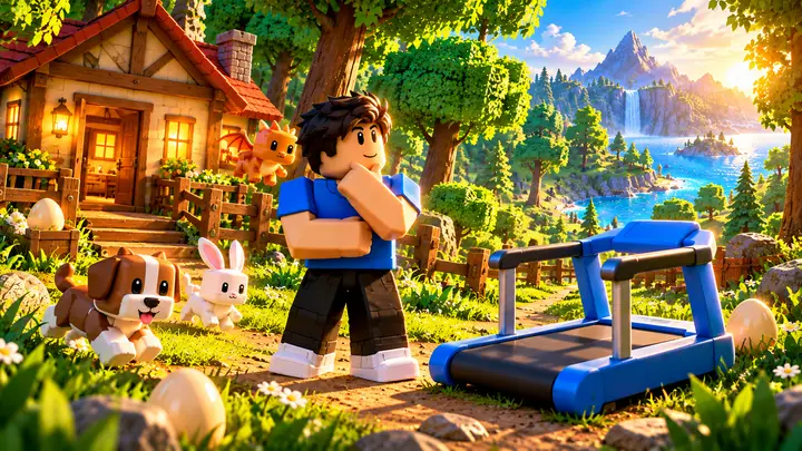 Avatar Roblox em pose pensativa entre uma casa e uma esteira azul, cercado por bichinhos e ovos em uma floresta com lago e cachoeira ao fundo.