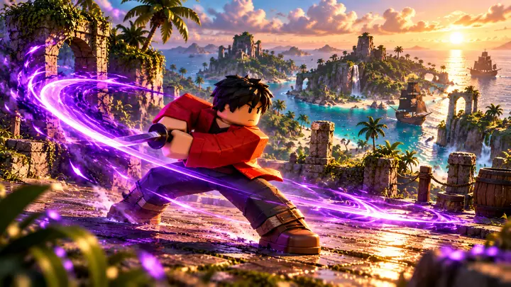 Avatar de cabelo preto e jaqueta vermelha empunha uma katana com as duas mãos, criando um arco de luz violeta entre ruínas costeiras, com ilhas tropicais e navios ao pôr do sol.