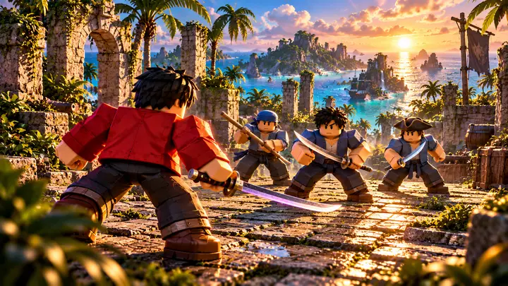 Um avatar de jaqueta vermelha segura uma katana diante de três oponentes agrupados em um caminho de ruínas tropicais, com ilhas e um navio ao fundo sob o pôr do sol.