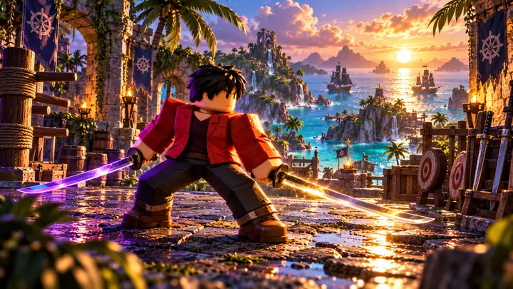 Avatar Roblox de cabelo preto e jaqueta vermelha segura duas espadas com brilhos violeta e dourado em um pátio de treino de pedra, com ilhas tropicais e navios ao pôr do sol ao fundo.