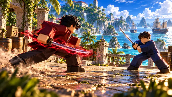 Dois avatares Roblox com espadas se enfrentam em um terraço de pedra à beira-mar, com energia carmesim na lâmina do espadachim de vermelho e ilhas tropicais e veleiros ao fundo.